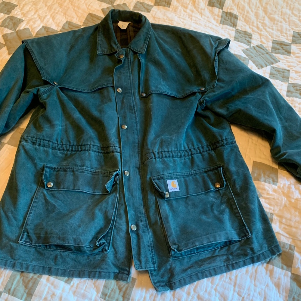 Vintage Carhartt Jacket Mens XL Green Caped Duster Barn Chore Coat CW043 80s USA
